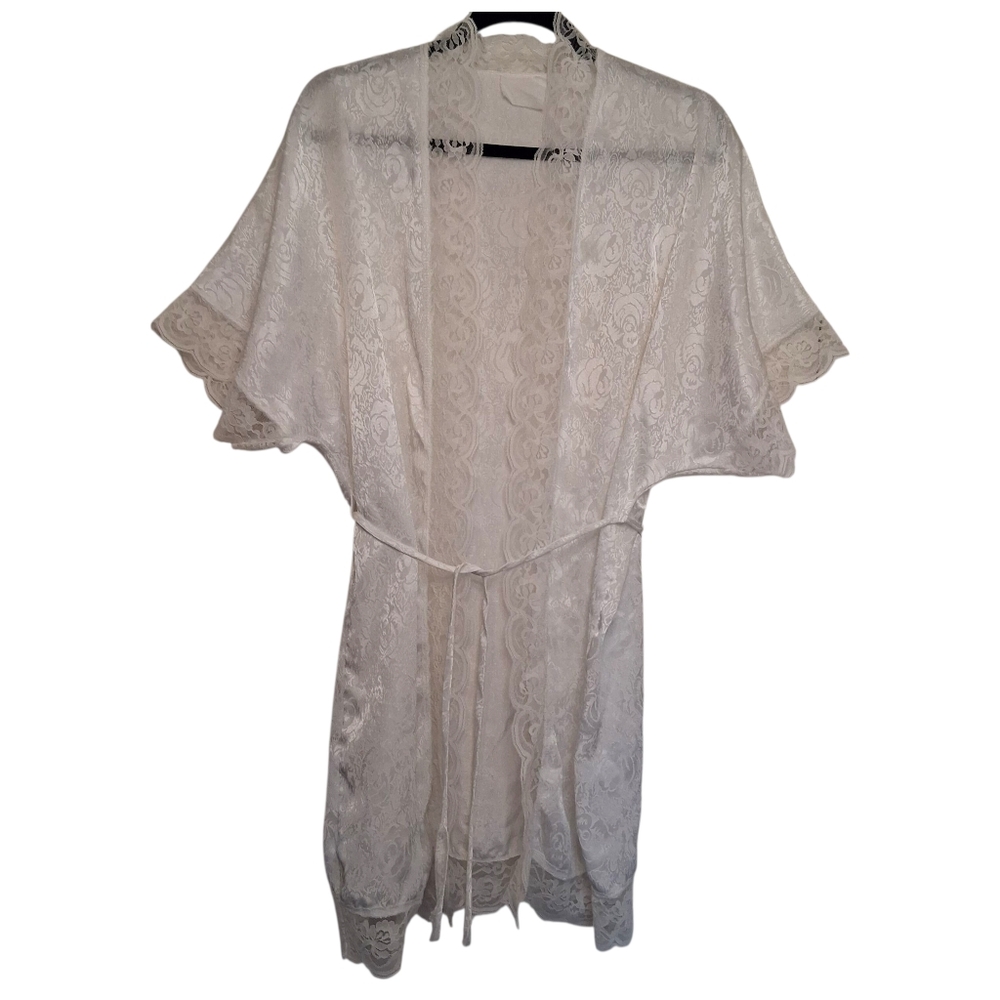 Vintage White Floral Satin Lace Short Kimono Robe Lingerie Bridal Lounge